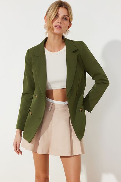 Trendyol Collection Dunkelkhakifarbener, regelmäßig gefütterter, zweireihiger, gewebter Blazer TWOSS21CE0107
