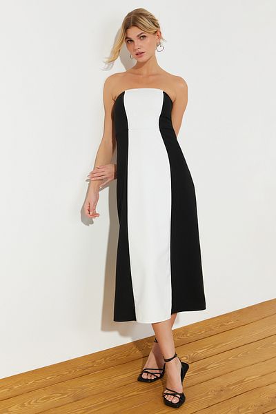 Trendyol Collection Černé Maxi tkané šaty A-Line bez ramínek s odepínacími ramínky TWOSS24EL00211