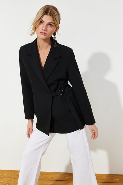 Trendyol Collection Черен тъкан аксесоар с подробен стандартен сако TWOSS24BC00012