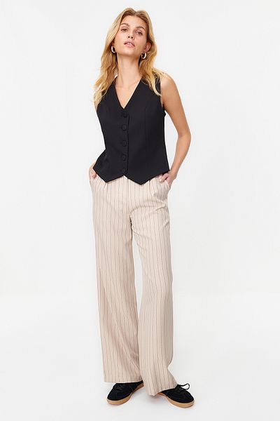 Trendyol Collection Béžové tkané kalhoty s vysokým pasem a širokými pruhy TWOSS22PL0100