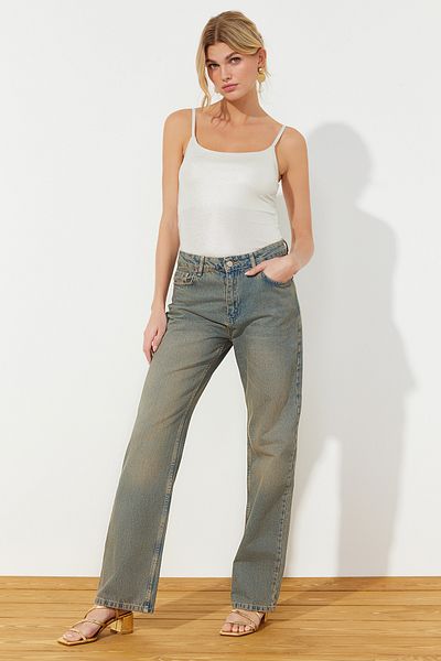 Trendyol Collection Pletené body z šedé lesklé látky s ramínky a patentkami TWOSS24BD00011