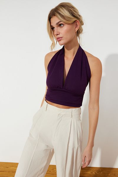 Trendyol Collection Fialová Halter Neck Fitted Crop Pletená halenka TWOSS22BZ0544