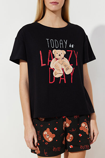 Trendyol Collection Černá 100% bavlna Medvídek Pletené pyžamo Thmss24Pt00023