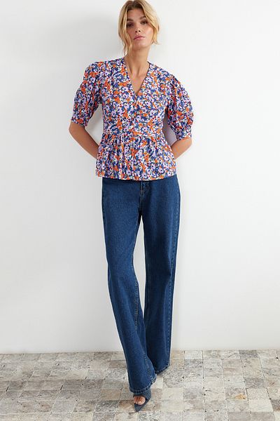 Trendyol Collection Purple Floral Print Woven Shirt - Short Sleeve, Waist Fitting, TWOSS21GO0555