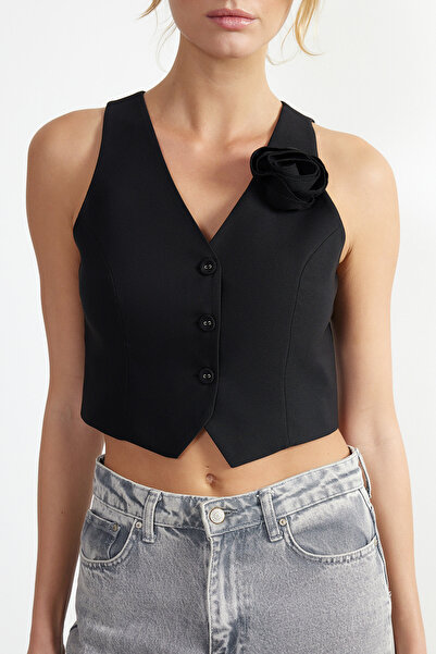 Trendyol Collection Black Fitted Rose Detailed Crop Woven Vest Twoss24Ye00026