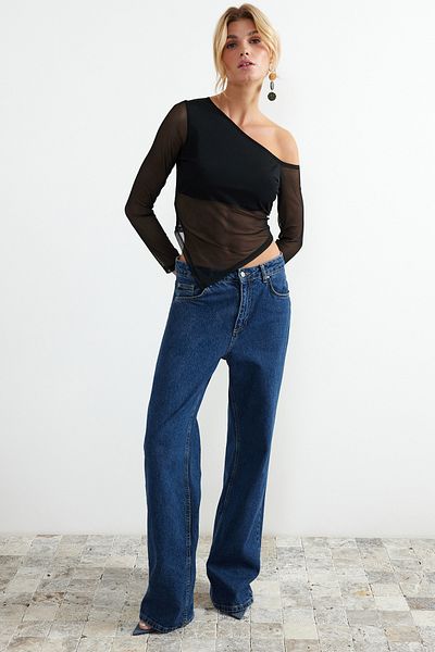 Trendyol Collection Μαύρη ασύμμετρη τούλινη πλάτη διαφανής πλεκτή μπλούζα TWOSS24BZ00047