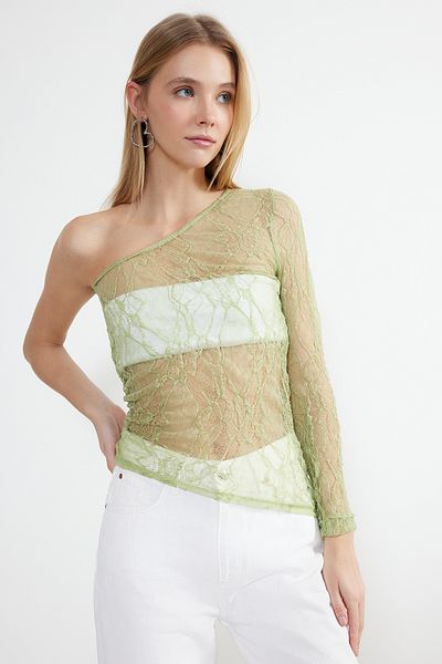 Trendyol Collection Πράσινη δαντέλα Μονόμανικη Εφαρμοστή/Εφαρμοσμένη Stretch Πλεκτή Μπλούζα TWOSS24BZ00053