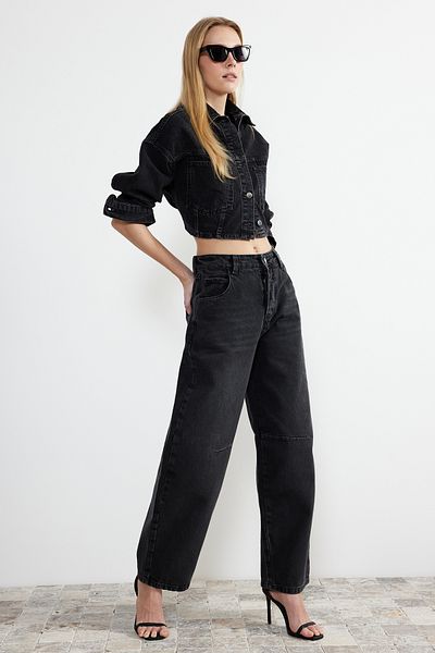 Trendyol Collection Black Stitching Detailed High Waist Barrel Jeans TWOSS24JE00013