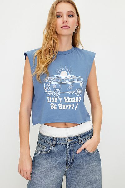 Trendyol Collection Πλεκτό μπλουζάκι Indigo 100% βαμβακερό αμάνικο Crop Crew Knitted T-shirt TWOSS23TS00122