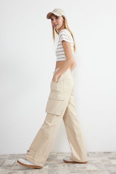 Trendyol Collection Beige More Sustainable High Waist Wide Leg Jeans with Cargo Pockets TWOSS24JE00120
