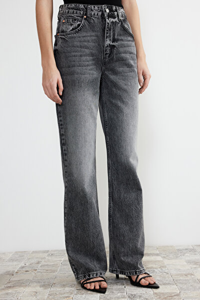 Trendyol Collection Šedé vintage džíny s vybledlým efektem a vysokým pasem - Udržitelné široké nohavice Twoss24Je00018