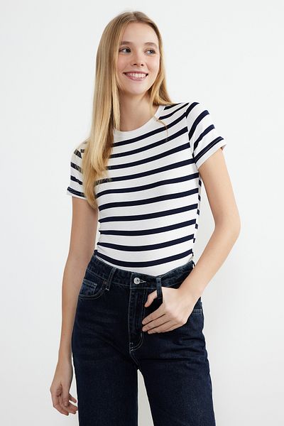Trendyol Collection Elastyczna wiskoza Tkanina Granatowa Paski Dzianinowa Bluzka - TWOSS24BZ00296