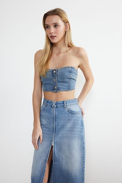 Trendyol Collection Blue Front Button Strapless Neckline Mini Denim Bustier Twoss24Bs00006