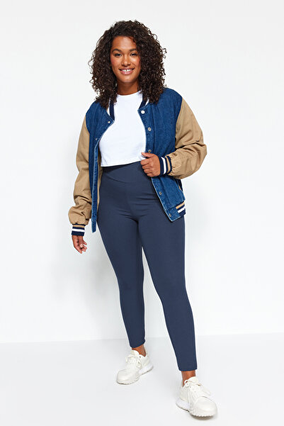 Trendyol Curve Navy Blue High Waist Ribbed Knitted Large Size Leggings Tbbaw23Ay00009