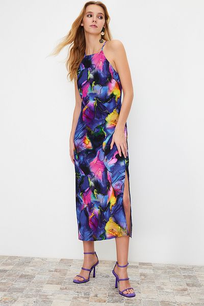 Trendyol Collection Multicolor Floral Print Straight Cut Halter Neck Midi Satin Lined Woven Dress TWOSS23EL02417