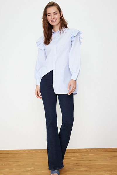 Trendyol Modest Světle modrá pruhovaná bavlněná košile TCTSS24TG00010
