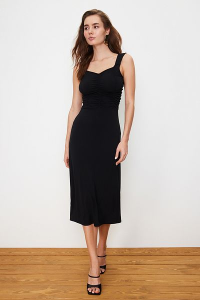 Trendyol Collection Black Heart Collar Gathered Midi Flexible Knitted Midi Pencil Dress TWOSS24EL00398