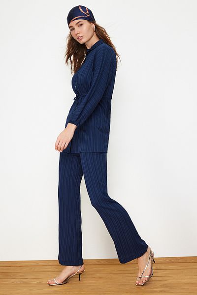 Trendyol Modest Navy Blue Crinkle Shirt Trousers Woven Bottom Top Set TCTSS24US00019