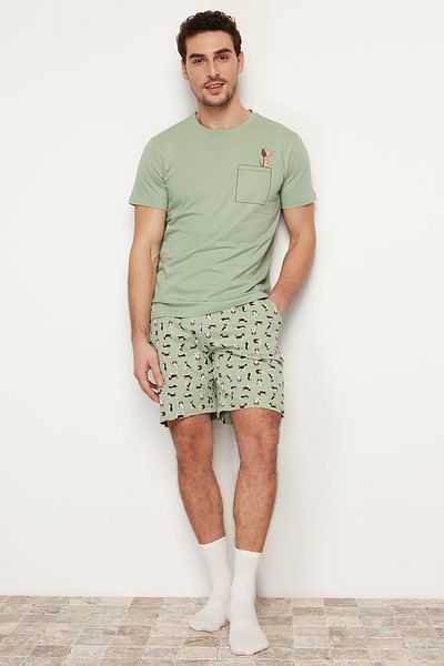 Trendyol Collection Zelené bavlněné šortky s potiskem Regular Fit Pyžamo Set - THMSS21PT0324