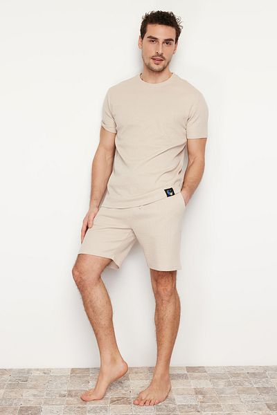 Trendyol Collection Set de pijamale pantaloni scurți tricotați Waffle, bej, cu ajustare normală TMNSS23PT00036