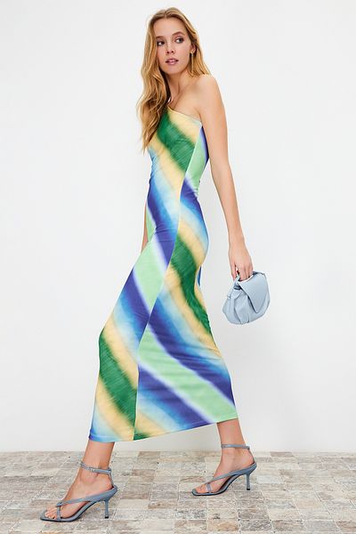 Trendyol Collection Modré Maxi vypasované flexibilní pletené Maxi tužkové šaty TWOSS24EL00257