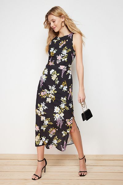 Trendyol Collection Černé květinové midi tkané šaty bez rukávů TWOSS24EL00440