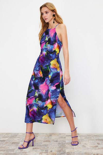 Trendyol Collection Multicolor Floral Print Straight Cut Halter Neck Midi Satin Lined Woven Dress TWOSS23EL02417