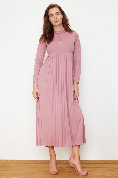 Trendyol Modest Πλεκτό φόρεμα Scuba με πλισέ φούστα Dusty Rose TCTAW24EL00000