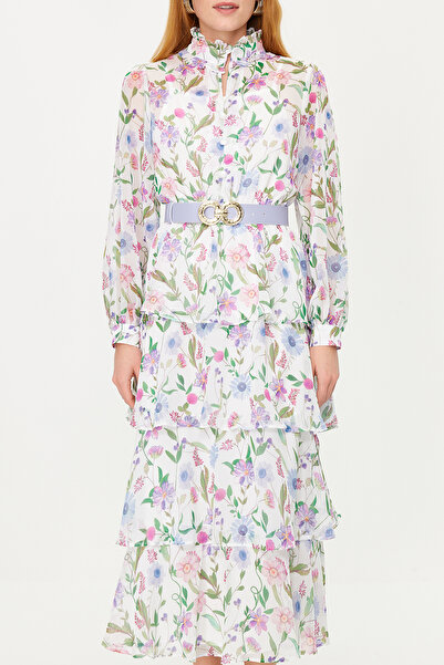 Trendyol Modest Φόρεμα λουλουδάτο υφαντό σιφόν με μπλε ζώνη TCTSS24EB00024