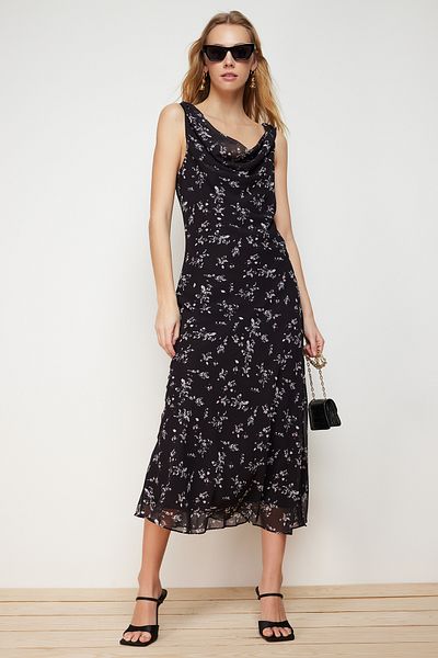 Trendyol Collection Black Floral Degaje Collar Chiffon Lined Midi Woven Dress TWOSS24EL00064