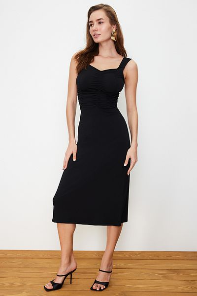 Trendyol Collection Black Heart Collar Gathered Midi Flexible Knitted Midi Pencil Dress TWOSS24EL00398