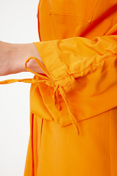 Trendyol Modest Orange Belted Sleeves Adjustable Detail Button Cotton Woven Shirt Dress Tctss23Eb00365