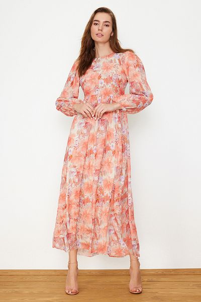 Trendyol Modest Φόρεμα με πορτοκαλί φλοράλ υφαντό TCTSS24EB00100