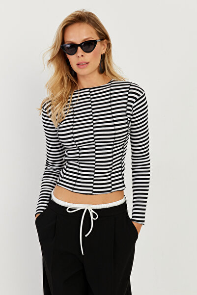 Cool & Sexy Kadın Siyah-Beyaz Çizgili Bluz CY335