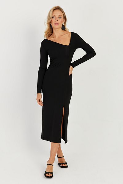 Cool & Sexy Rochie midi neagră cu guler asimetric cu fante pentru femei EY2708