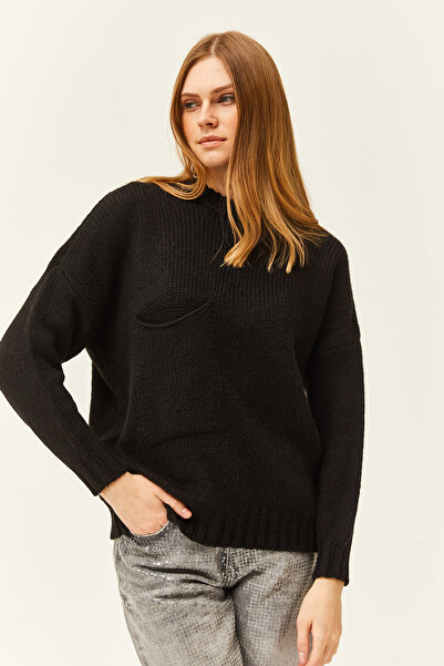 Olalook Women's Black Pocket Detailed Soft Textured Oversize Knitwear Sweatshirt KZK-19000767