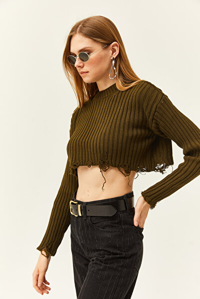 Olalook Women's Khaki Split Detailed Thick Crop Knitwear Sweater KZK-19000774