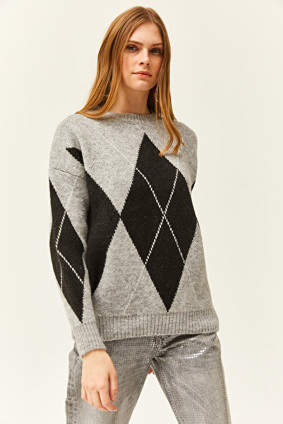Olalook Women's Gray Diamond Pattern Thick Knitwear Sweater KZK-19000763