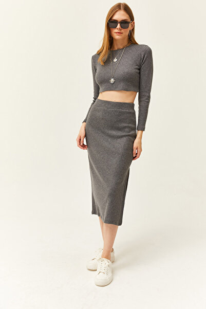 Olalook Women's Smoked Slit Skirted Thick Corded Ribbed Suit TKM-19000252