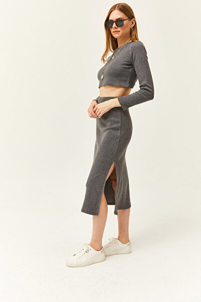 Olalook Women's Smoked Slit Skirted Thick Corded Ribbed Suit TKM-19000252