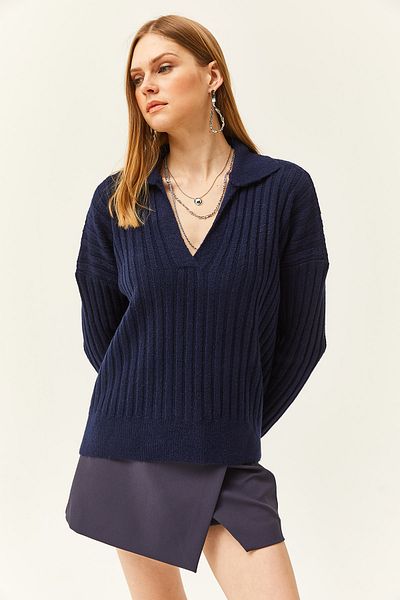 Olalook Women's Navy Blue Polo Collar Thick Ribbed Soft Textured Sweater KZK-19000764