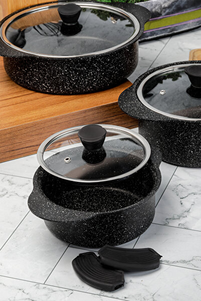 Taç Набір гранітного посуду Trio 6 предметів з силіконовою ручкою чорний