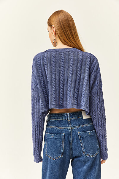 Olalook Pulover de damă din tricot împletit și spălat cu împletitură indigo KZK-19000780