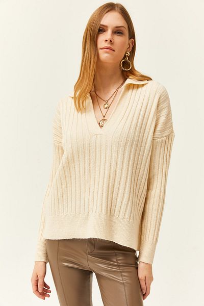 Olalook Women's Ecru Polo Collar Thick Ribbed Soft Textured Sweatshirt KZK-19000764