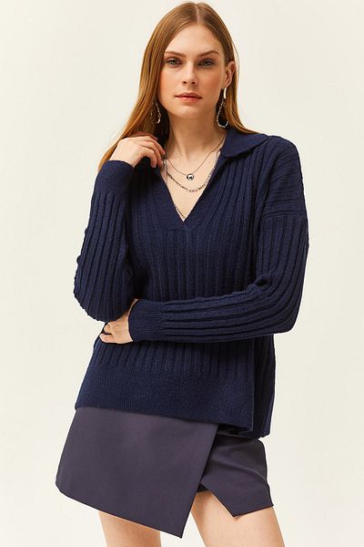Olalook Women's Navy Blue Polo Collar Thick Ribbed Soft Textured Sweater KZK-19000764