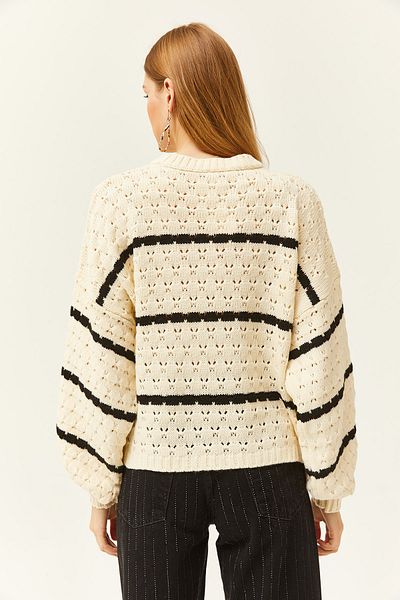 Olalook Damen-Strickpullover mit ecrufarbenen Streifen und Wabenmuster und Ballonärmeln KZK-19000772