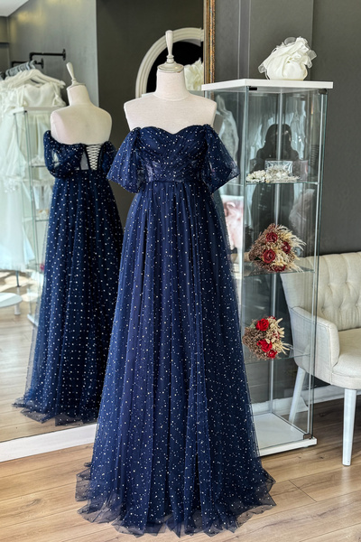 Lenta Moda Lacivert İnci Ve Işıldayan Taşlı Maxi Boy Drapeli Transparan Abiye ve Gece Elbisesi