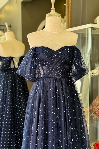 Lenta Moda Navy Blue Pearl and Shining Stones Maxi Length Draped Transparent Evening Dress and Evening Gown