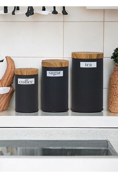 Doğa Dizayn Bamboo Lid Look Metal Black 3-Piece Tea Sugar Coffee Storage Container/Jar MRS-3037S