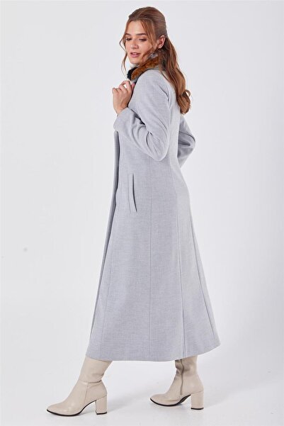 Kayra Fur Collar Long Double Breasted Gray Coat